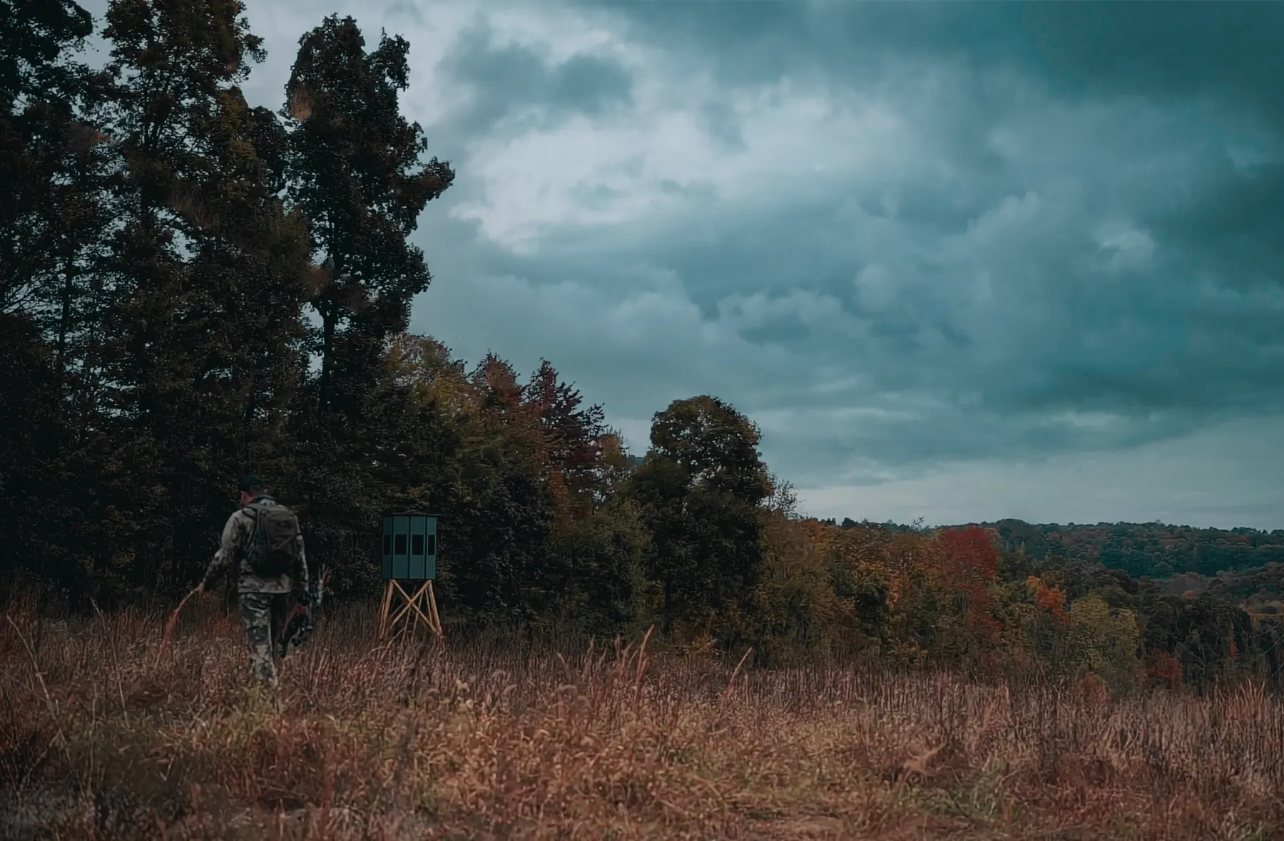 A hunter walking out to a NXTGen blind on a tower at the edge of a field.